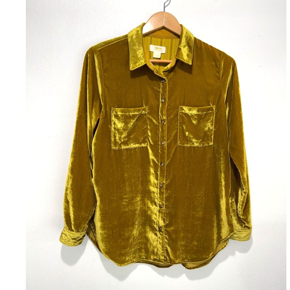 Maeve Anthropologie Karina velvet button up shirt party mustard yellow women 4